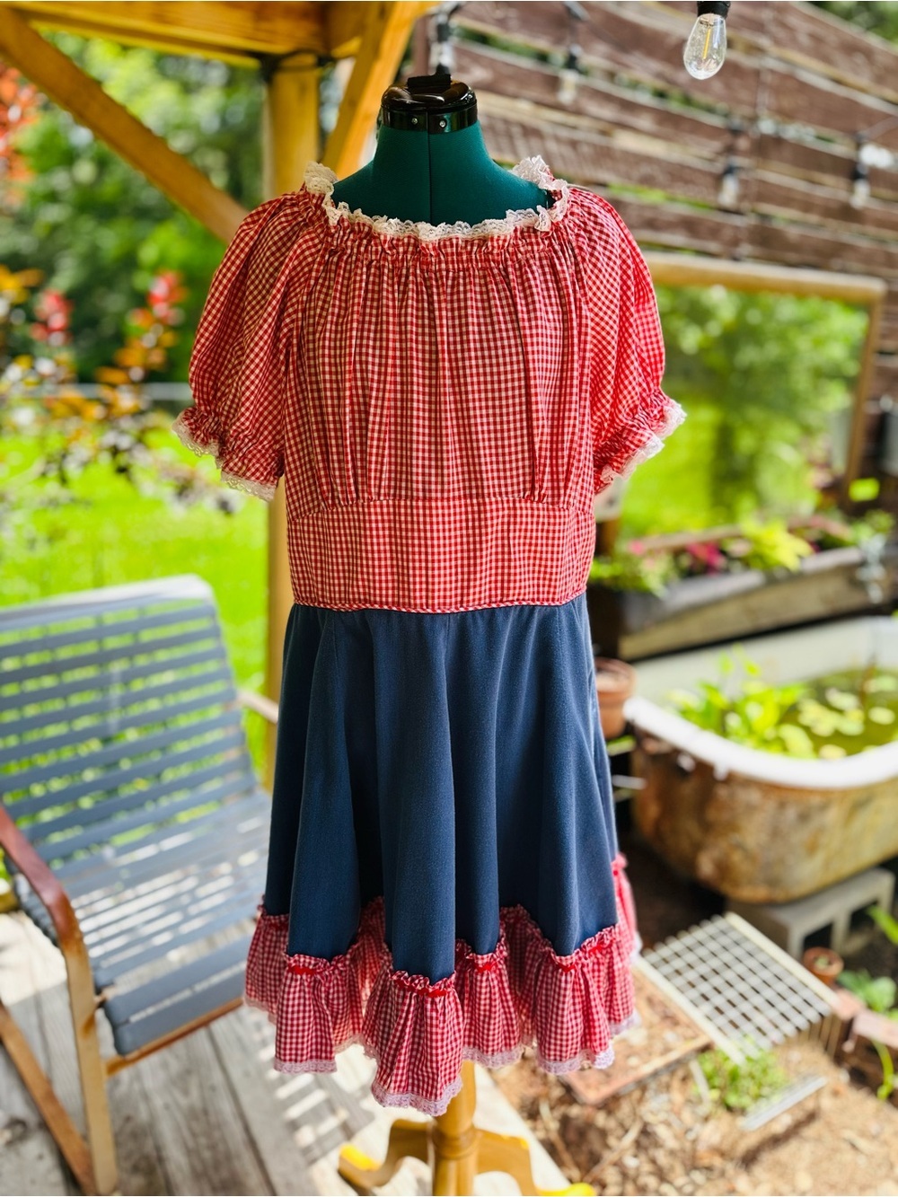 VINTAGE SQUARE DANCE PRAIRIE DRESS RED GINGHAM CHECKERED w DENIM Size 12/14